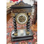 INLAID MANTLE CLOCK WITH BARLEY TWIST COLUMNS & CUPID WITH GRINDSTONE TO FACE,