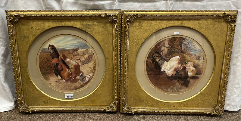 HELEN LAWRIE COCKERELS & HENS SIGNED PAIR OF GILT FRAMED WATERCOLOURS 25CM WIDE Condition