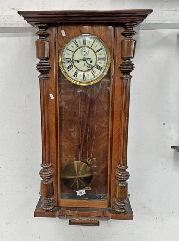 VIENNA STYLE WALNUT & GLASS CASED CLOCK WITH PENDULUM & BRASS WEIGHTS,