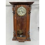 VIENNA STYLE WALNUT & GLASS CASED CLOCK WITH PENDULUM & BRASS WEIGHTS,