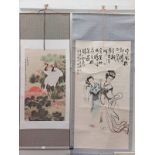 2 ORIENTAL SCROLL PAINTINGS OF GEISHAS AND CRANES, BOTH SIGNED WITH VARIOUS CHARACTER MARKS,