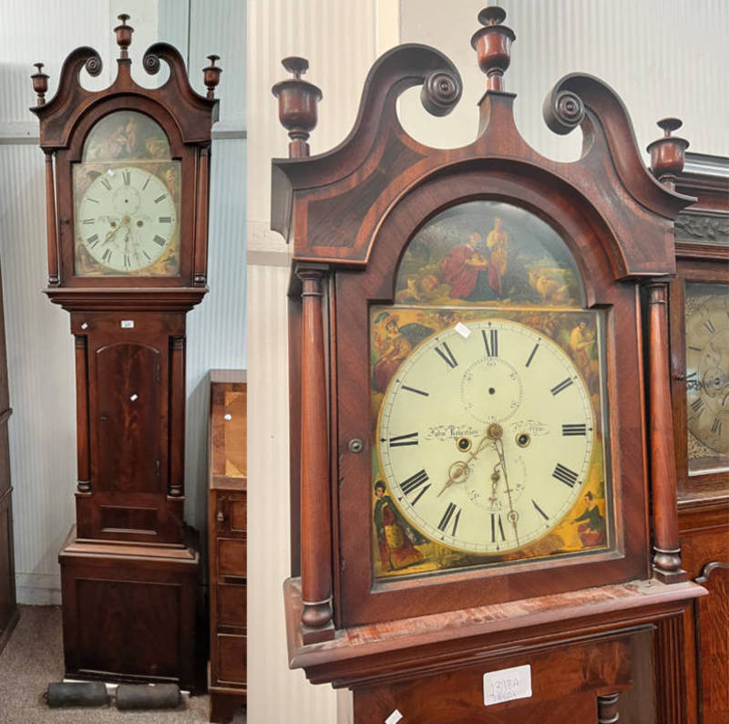 19TH CENTURY MAHOGANY GRANDFATHER CLOCK WITH PAINTED DIAL WITH CLASSICAL SCENE DECORATION SIGNED