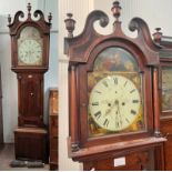 19TH CENTURY MAHOGANY GRANDFATHER CLOCK WITH PAINTED DIAL WITH CLASSICAL SCENE DECORATION SIGNED