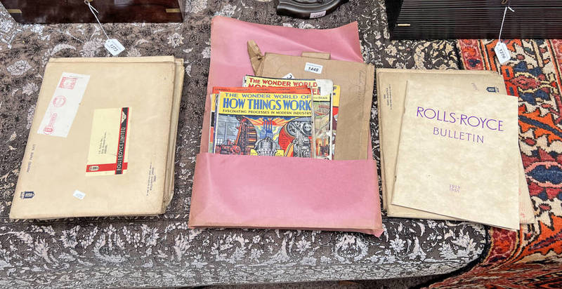 12 1950'S ROLLS ROYCE BULLETINS WITH ORIGINAL ENVELOPES & OTHER BOOKS