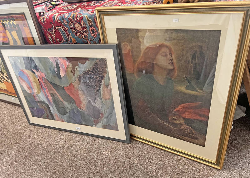 MANNER OF WASSILY KANDINSKY - A LARGE ABSTRACT WATERCOLOUR & A PRE-RAPHAELITE PRINT OF A YOUNG