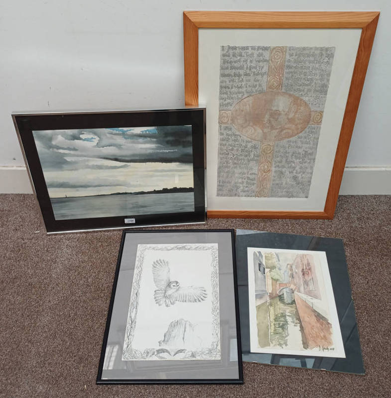 4 FRAMED PICTURES TO INCLUDE; WATERCOLOUR OF A CANAL SCENE, INDISTINCTLY SIGNED, CHARLES W PRESSLEY,