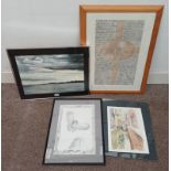 4 FRAMED PICTURES TO INCLUDE; WATERCOLOUR OF A CANAL SCENE, INDISTINCTLY SIGNED, CHARLES W PRESSLEY,