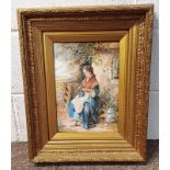 R A 1870 LADY SITTING KNITTING MONOGRAMMED GILT FRAMED WATERCOLOUR 33 X 23 CM