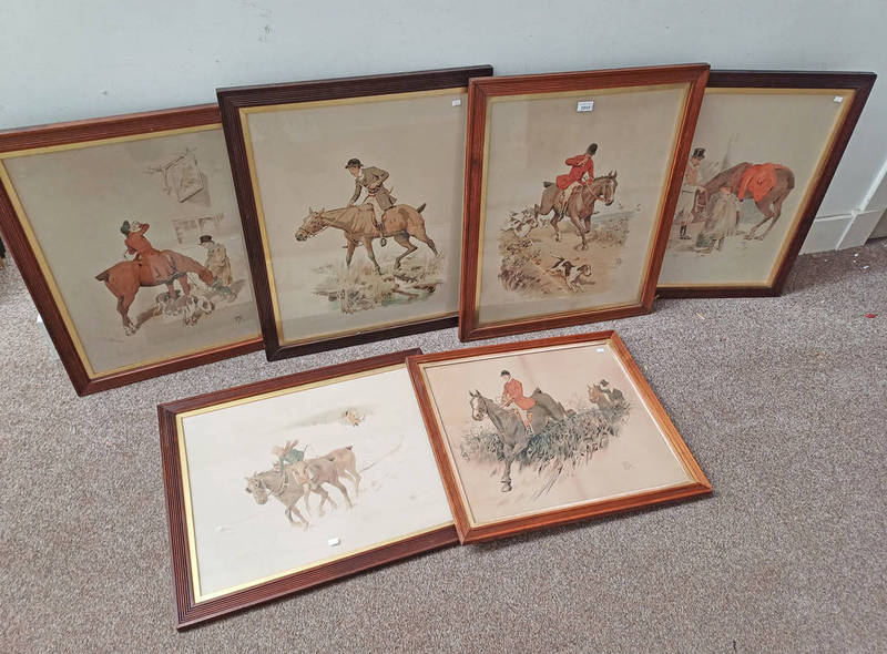 SET OF 5 19TH CENTURY OAK FRAMED COLOURED HUNTING LITHOGRAPHS TO INCLUDE HARK HALLOA, THE RED LION,