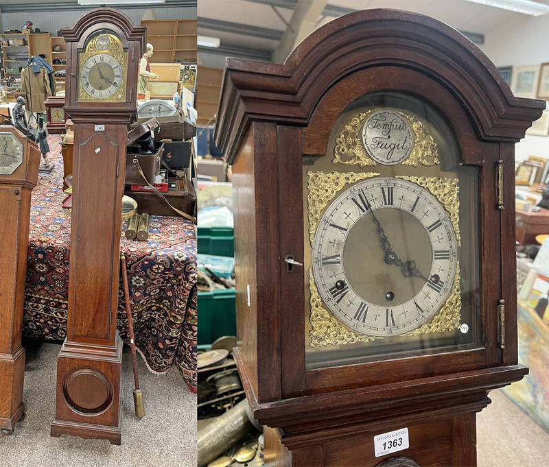 20TH CENTURY MAHOGANY GRANDMOTHER CLOCK WITH BRASS & SILVERED DIAL 171 CM TALL