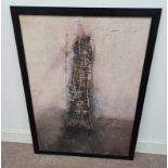 FRAMED MIXED MEDIA PAINTING OF AN ABSTRACT STRUCTURE, UNSIGNED,