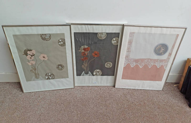 3 FRAMED BEL COWIE PRINTS: JAPANESE INLAY, MINOR POPPIES & PALE POPPIES, ALL SIGNED IN PENCIL,