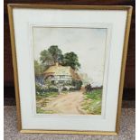 D HOUGHTON THATCHED COTTAGE SIGNED FRAMED WATERCOLOUR 34 X 25 CM