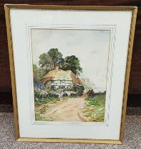 D HOUGHTON THATCHED COTTAGE SIGNED FRAMED WATERCOLOUR 34 X 25 CM