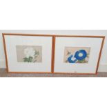 2 FRAMED ORIENTAL WATERCOLOUR OF FLOWERS, SIGNED WITH VARIOUS CHARACTER MARKS,