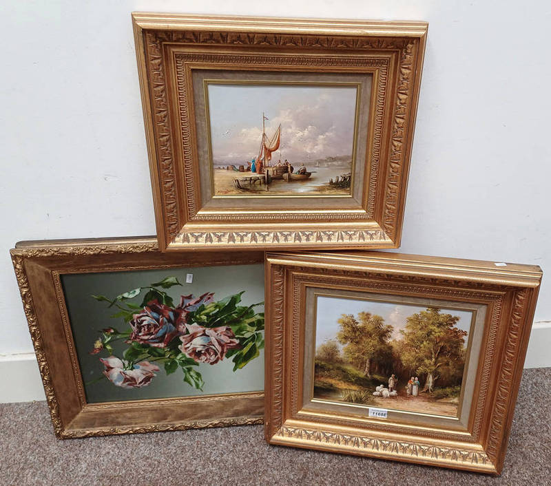 K DOUGLAS, 2 GILT FRAMED OIL PAINTING, HARBOUR SCENE AND COUNTRY SCENE, BOTH SIGNED ETC.