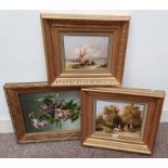 K DOUGLAS, 2 GILT FRAMED OIL PAINTING, HARBOUR SCENE AND COUNTRY SCENE, BOTH SIGNED ETC.