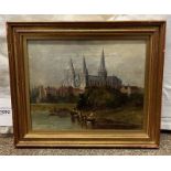 JAMES VIEW OF A CATHEDRAL SIGNED GILT FRAMED OIL PAINTING 20 X 25 CM