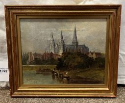 JAMES VIEW OF A CATHEDRAL SIGNED GILT FRAMED OIL PAINTING 20 X 25 CM
