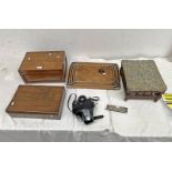 OLYMPUS OM10 35 MM CAMERA & LENSE, SET OF 4 OAK TRAYS, STOOL BOXES,