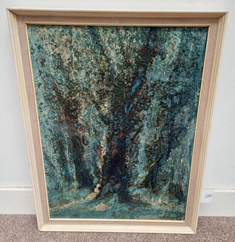 FRAMED OIL ON CANVAS OF ABSTRACT WOODLAND SCENE, SIGNED INDISTINCTLY & DATED 1976,