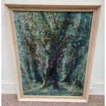 FRAMED OIL ON CANVAS OF ABSTRACT WOODLAND SCENE, SIGNED INDISTINCTLY & DATED 1976,