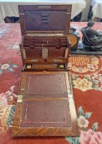 LATE 19TH CENTURY MAHOGANY STATIONARY DESK BOX WITH SECTIONAL INTERIOR TO INCLUDE INKWELLS,