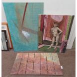 3 UNFRAMED OIL PAINTINGS, INCLUDING OIL ON CANVAS OF A NUDE WOMAN, UNSIGNED,