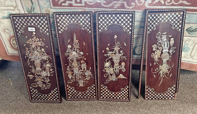 4 MOTHER OF PEARL INLAID WALL PANELS WITH ORIENTAL FLORAL DECORATION 60 X 22.