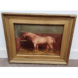 H O RICHARDSON HORSE IN STABLE SIGNED GILT FRAMED OIL PAINTING 39 X 54 CM