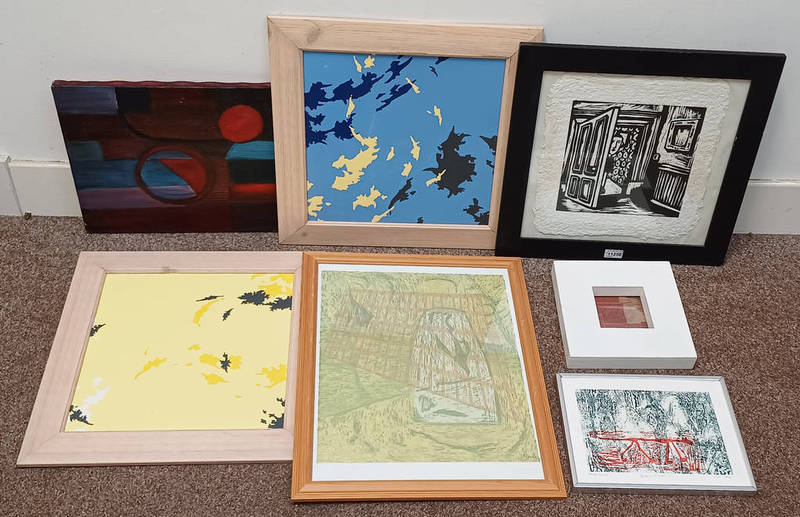 GOOD SELECTION OF ETCHINGS, PRINTS ETC TO INCLUDE ; GEORGE COLLIER, 2 ABSTRACT OIL PAINTINGS,