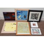 GOOD SELECTION OF ETCHINGS, PRINTS ETC TO INCLUDE ; GEORGE COLLIER, 2 ABSTRACT OIL PAINTINGS,