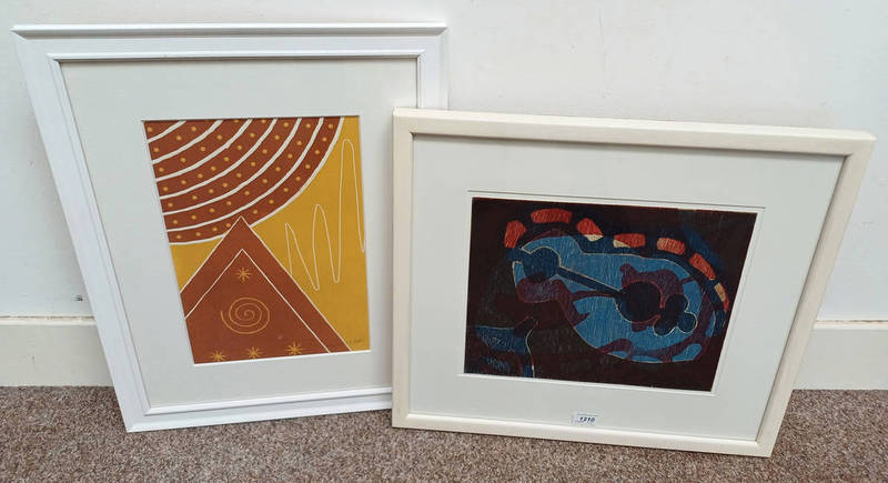 2 FRAMED MARGARET PITT SCREEN PRINTS, BRONZE AGE DWELLINGS 1 AND FESTIVAL, SIGNED IN PENCIL,