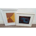 2 FRAMED MARGARET PITT SCREEN PRINTS, BRONZE AGE DWELLINGS 1 AND FESTIVAL, SIGNED IN PENCIL,