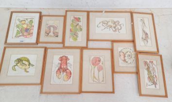 SELECTION OF PINE FRAMED WATERCOLOURS & INK PAINTINGS, INDISTINCTLY SIGNED C.
