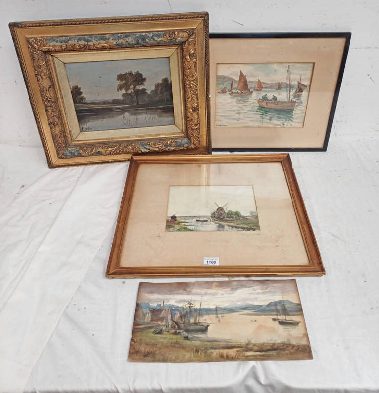 4 FRAMED & UNFRAMED WATERCOLOURS & OIL PAINTING TO INCLUDE; MACFARLANE BROCKITT, LADY AT WINDMILL,