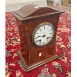 LATE 19TH OR EARLY 20TH CENTURY INLAID MAHOGANY MANTLE CLOCK WITH CROSS ARROWS,