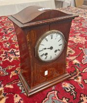 LATE 19TH OR EARLY 20TH CENTURY INLAID MAHOGANY MANTLE CLOCK WITH CROSS ARROWS,