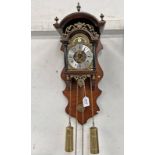 WOODEN CASE CHIMING WALL CLOCK WITH BRASS WEIGHTS, BRASS FACE WITH MOON & SUN DESIGN,