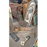 SELECTION OF TRIBAL ITEMS TO INCLUDE A SPIRIT BOARD, CARVED WOODEN FIGURE, WICKER KETTLE ETC.