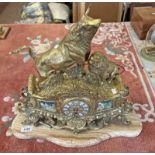 ORNAMENTAL BRASS CLOCK WITH OX & LION ON MARBLE BASE,