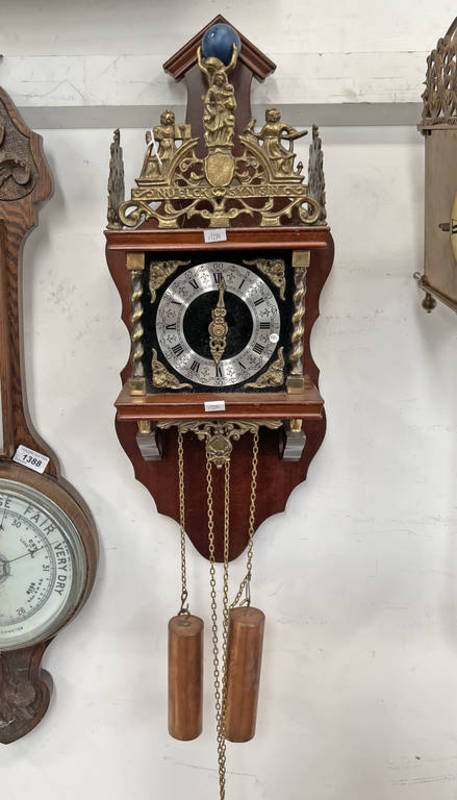 ORNATE BRASS CHIMING WALL CLOCK WITH WOODEN CASE & TITAN ATLAS FIGURE,