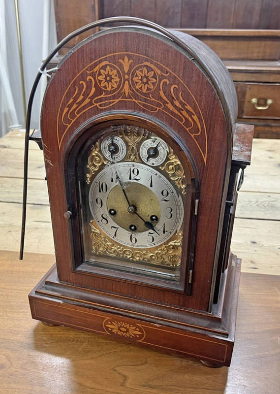 20TH CENTURY INLAID MAHOGANY BRACKET CLOCK WITH BRASS & SILVERED DIAL,