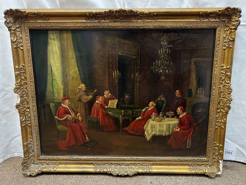 LUCIAN LEPAGE 'MEETING OF THE CARDINALS' SIGNED GILT FRAMED OIL PATINING 45 CM X 60 CM