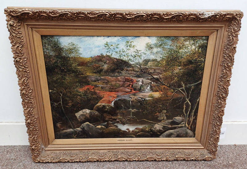 ROBINSON ELLIOT FISHERMAN BY WATERFALL BEARS INSCRIPTION TO FRAME GILT FRAMED OIL ON CANVAS 49 X 67