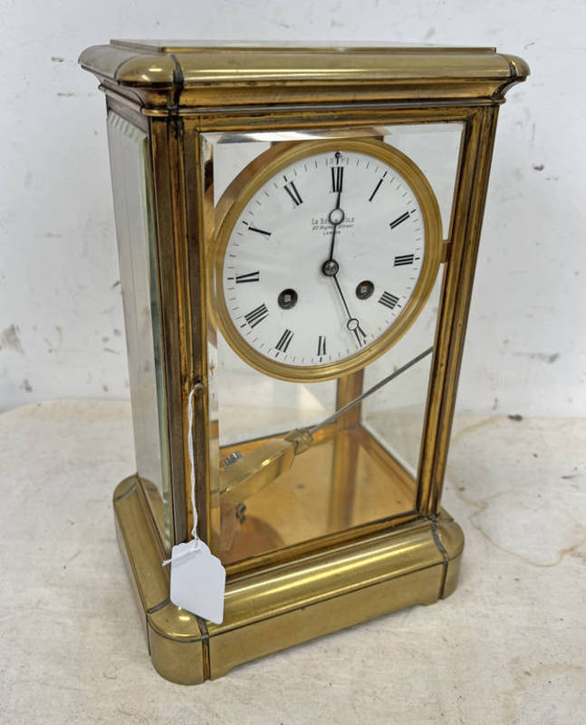 LE ROY & FILS GILT METAL & GLASS MANTLE CLOCK, NAMED TO THE WHITE ENAMEL DIAL,