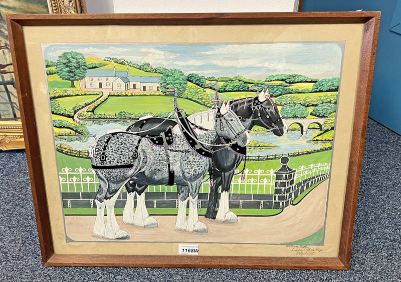 WILLIAM ROBBIE 2 BLACK CLYDESDALES - PETERHEAD SIGNED FRAMED WATERCOLOUR 37CM X 49 CM