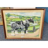 WILLIAM ROBBIE 2 BLACK CLYDESDALES - PETERHEAD SIGNED FRAMED WATERCOLOUR 37CM X 49 CM