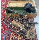 CASED SET OF BAGPIPES WITH SILVER PLATED MOUNTS & MARKED D R MCLENNAN TO CHANTER & PRACTICE CHANTER