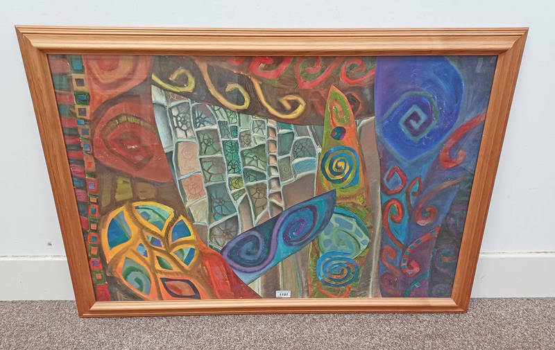 FRAMED MIXED MEDIA COLLAGE OF AN ABSTRACT SCENE, SIGNED INDISTINCTLY TO BOTTOM LEFT,